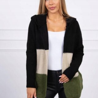 Sweter z kapturem trzykolorowy czarny+beżowy+khaki